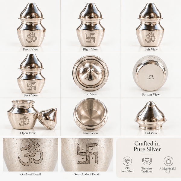 Silver Kalash Style Sindoor Daani – Om & Satiya Motif | 999 Pure Silver