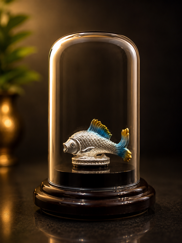 The Prosperity Fish – 999 Pure Silver Showpiece in Glass Dome (Blue & Gold)