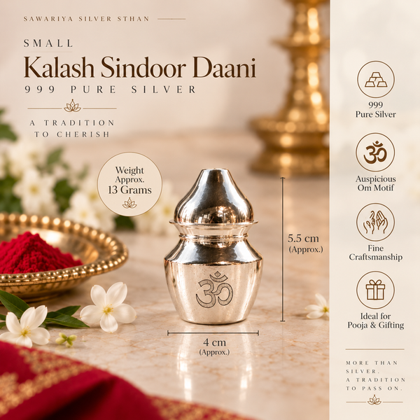 Silver Kalash Style Sindoor Daani – Om & Satiya Motif | 999 Pure Silver